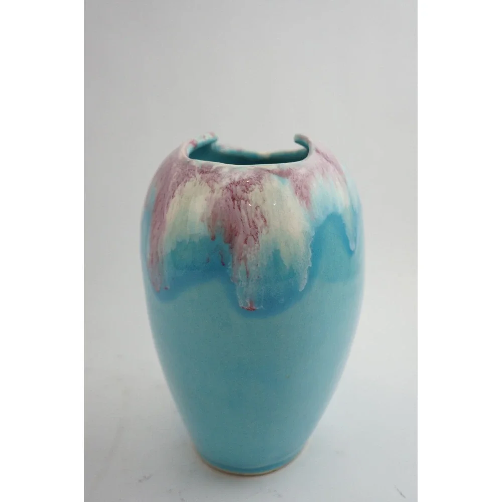 EUC RRP Co Roseville Pottery Vase Turquoise Blue Purple Pink Gloss Drip Glaze 8